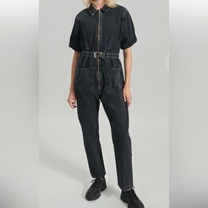RACHEL COMEY Drill‎ Jumpsuit Washed Dark Blue Black Denim Belted Relaxed Fit 8